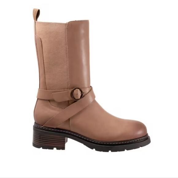 Softwalk Neenah Mid-Calf Moto Boot | Stone Gray Leather Comfort Women 10W - Picture 1 of 9